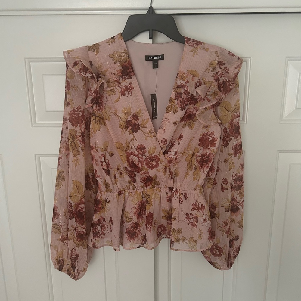 Express Pink Peplum Blouse with Long Sleeves